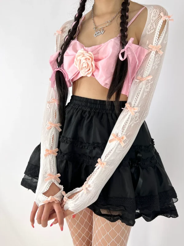 bon y2k flocked bow lace arm warmers millennium subculture bolero shrug sun protection sheer fishnet fingerless sleeves