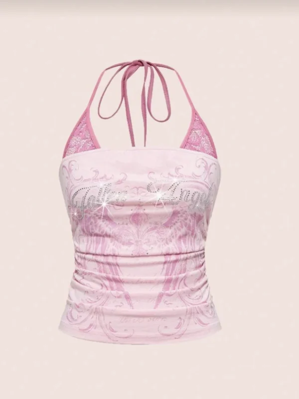 y2k american hot girl pink graphic halter top summer fairycore lace patchwork slim fit backless cami crop to