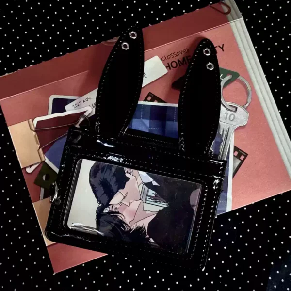 korean style bunny ear patent leather card holder y2k harajuku kpop photocard binder with zipper coin purse & lanyard