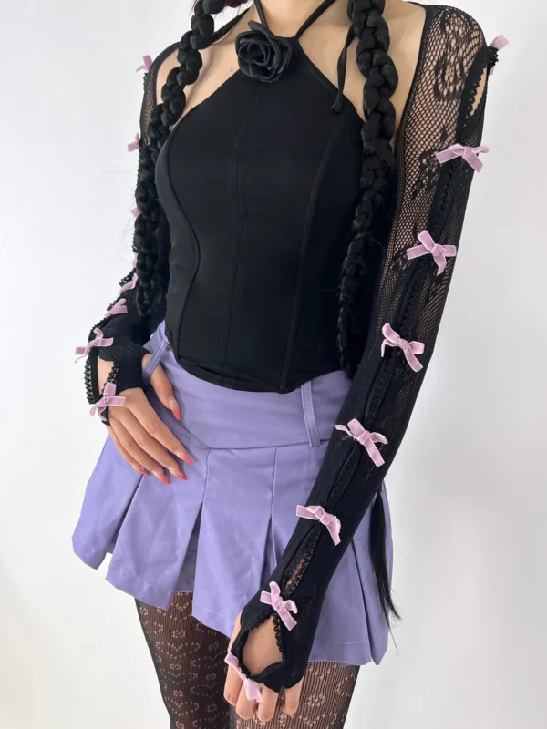 bon y2k flocked bow lace arm warmers millennium subculture bolero shrug sun protection sheer fishnet fingerless sleeves