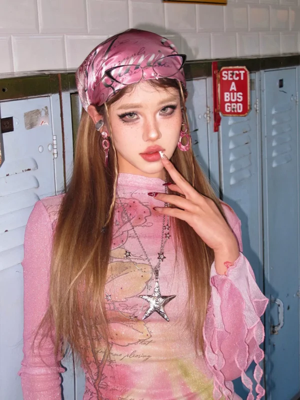 y2k millennium baddie pink gradient bandana cyberpunk subculture streetwear printed silk head scarf unisex