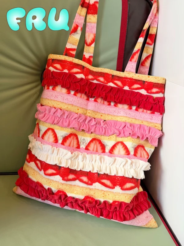 frufru gulu store angel dessert house strawberry cake tote bag lolita coquette aesthetic ruffled canvas shoulder bag