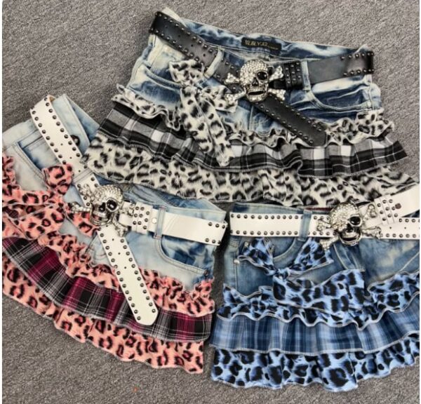 Y2K Vintage Leopard Plaid Denim Patchwork Mini Skirt - Handmade Low Rise Summer Gypsy Grunge Pleated Skirt