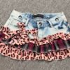 Y2K Vintage Leopard Plaid Denim Patchwork Mini Skirt - Handmade Low Rise Summer Gypsy Grunge Pleated Skirt