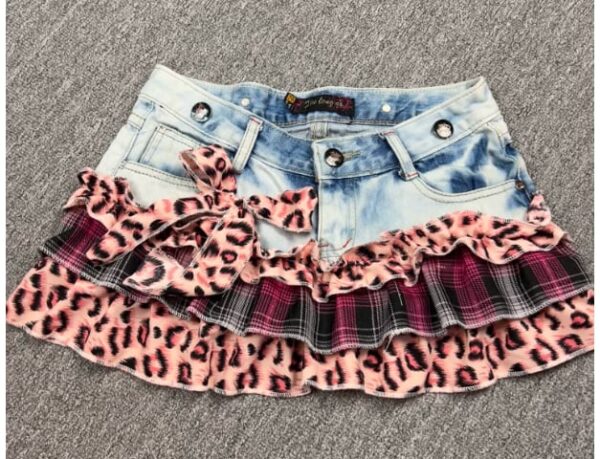 Y2K Vintage Leopard Plaid Denim Patchwork Mini Skirt - Handmade Low Rise Summer Gypsy Grunge Pleated Skirt