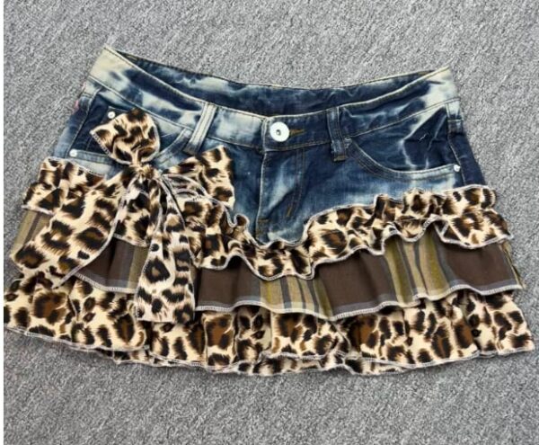 Y2K Vintage Leopard Plaid Denim Patchwork Mini Skirt - Handmade Low Rise Summer Gypsy Grunge Pleated Skirt