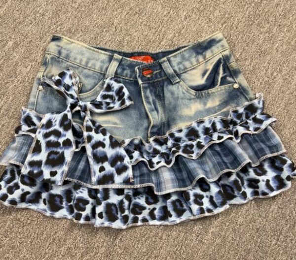 Y2K Vintage Leopard Plaid Denim Patchwork Mini Skirt - Handmade Low Rise Summer Gypsy Grunge Pleated Skirt