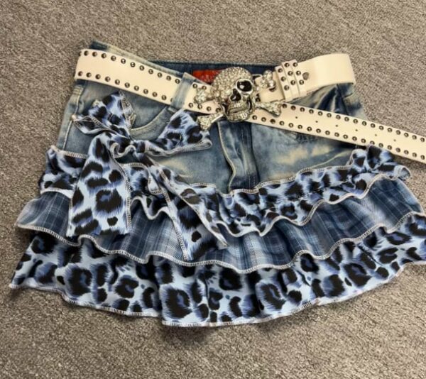 Y2K Vintage Leopard Plaid Denim Patchwork Mini Skirt - Handmade Low Rise Summer Gypsy Grunge Pleated Skirt