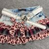Y2K Vintage Leopard Plaid Denim Patchwork Mini Skirt - Handmade Low Rise Summer Gypsy Grunge Pleated Skirt
