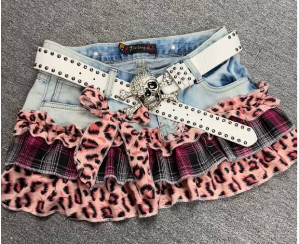 Y2K Vintage Leopard Plaid Denim Patchwork Mini Skirt - Handmade Low Rise Summer Gypsy Grunge Pleated Skirt