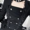 Wannathis Gothic Dark Aesthetic 2-Piece Set - Elegant Double-Breasted Long Sleeve Top & Tiered Ruffle Bloomer Shorts with Hanging Cross Garter Straps
