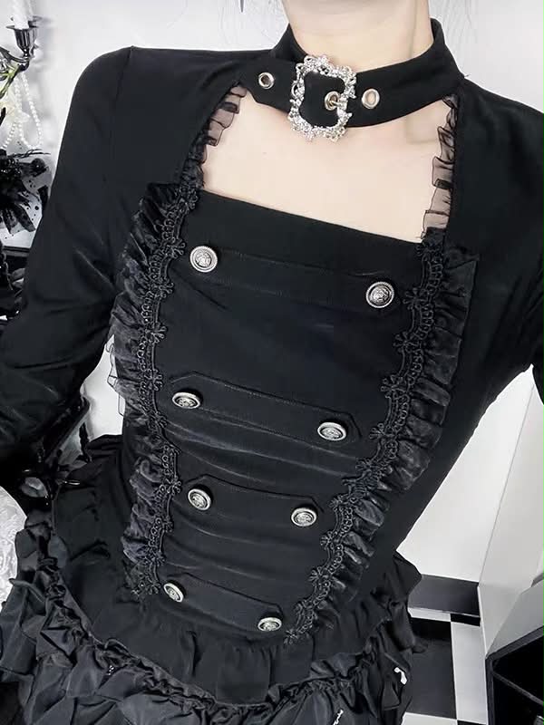 Wannathis Gothic Dark Aesthetic 2-Piece Set - Elegant Double-Breasted Long Sleeve Top & Tiered Ruffle Bloomer Shorts with Hanging Cross Garter Straps