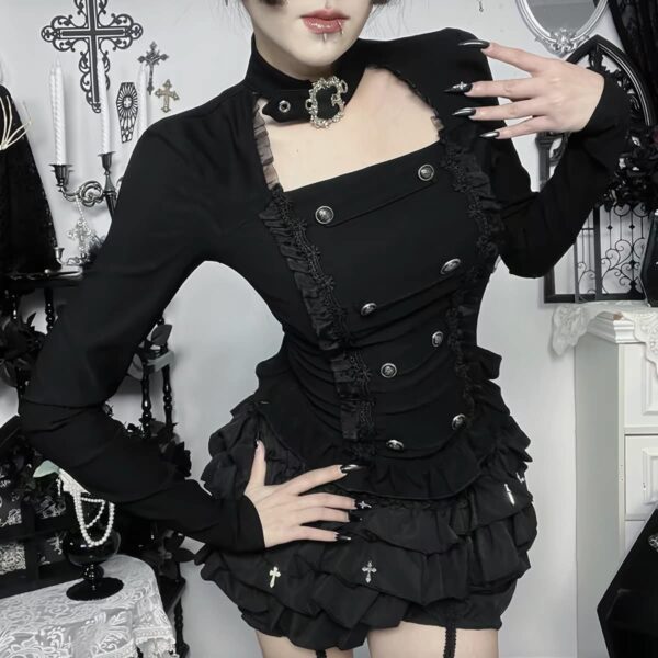 Wannathis Gothic Dark Aesthetic 2-Piece Set - Elegant Double-Breasted Long Sleeve Top & Tiered Ruffle Bloomer Shorts with Hanging Cross Garter Straps