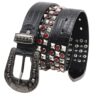 Y2K Gothic Punk Skull Studded Belt – Vintage Western Rhinestone Buckle Leather Belt with Cross & Fleur-de-Lis Metal Accents