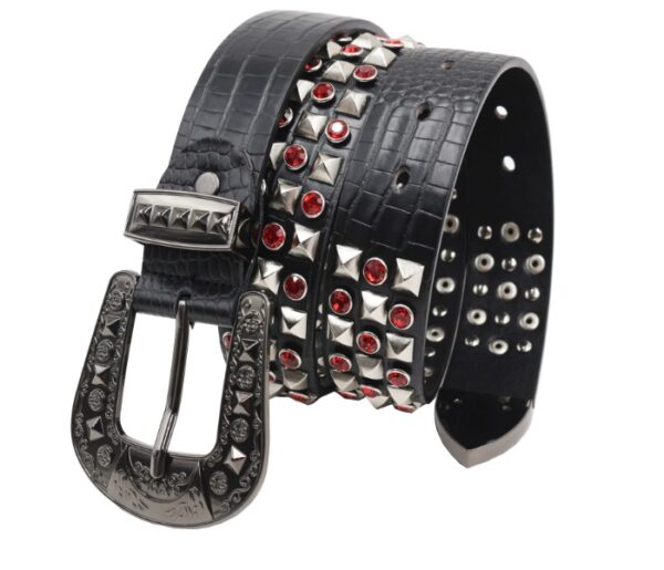 Y2K Gothic Punk Skull Studded Belt – Vintage Western Rhinestone Buckle Leather Belt with Cross & Fleur-de-Lis Metal Accents