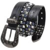 Y2K Gothic Punk Skull Studded Belt – Vintage Western Rhinestone Buckle Leather Belt with Cross & Fleur-de-Lis Metal Accents