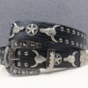 Y2K Gothic Punk Skull Studded Belt – Vintage Western Rhinestone Buckle Leather Belt with Cross & Fleur-de-Lis Metal Accents