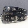 Y2K Gothic Punk Skull Studded Belt – Vintage Western Rhinestone Buckle Leather Belt with Cross & Fleur-de-Lis Metal Accents