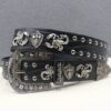 Y2K Gothic Punk Skull Studded Belt – Vintage Western Rhinestone Buckle Leather Belt with Cross & Fleur-de-Lis Metal Accents