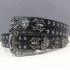 Y2K Gothic Punk Skull Studded Belt – Vintage Western Rhinestone Buckle Leather Belt with Cross & Fleur-de-Lis Metal Accents