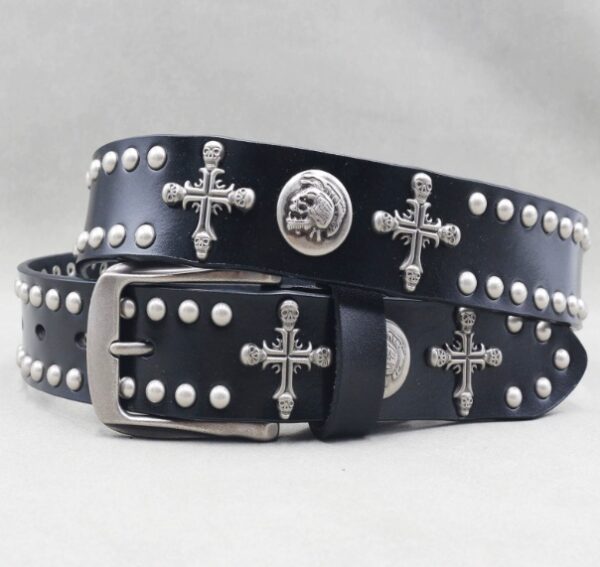 Y2K Gothic Punk Skull Studded Belt – Vintage Western Rhinestone Buckle Leather Belt with Cross & Fleur-de-Lis Metal Accents