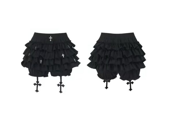 Wannathis Gothic Dark Aesthetic 2-Piece Set - Elegant Double-Breasted Long Sleeve Top & Tiered Ruffle Bloomer Shorts with Hanging Cross Garter Straps