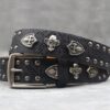 Y2K Gothic Punk Skull Studded Belt – Vintage Western Rhinestone Buckle Leather Belt with Cross & Fleur-de-Lis Metal Accents