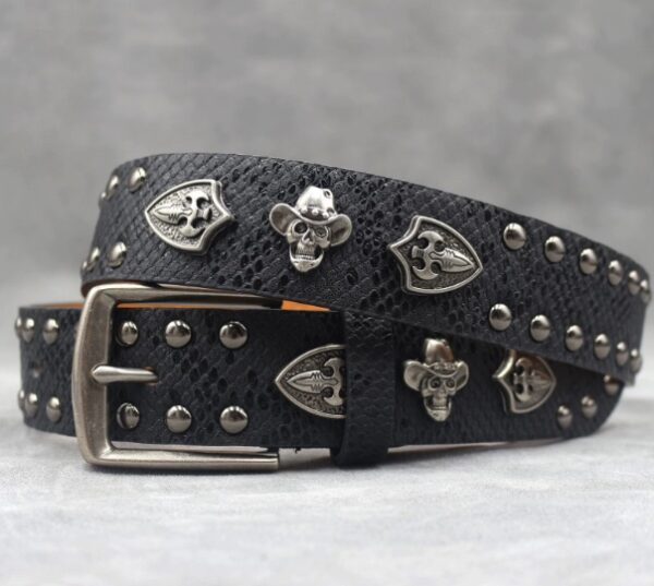 Y2K Gothic Punk Skull Studded Belt – Vintage Western Rhinestone Buckle Leather Belt with Cross & Fleur-de-Lis Metal Accents