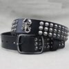 Y2K Gothic Punk Skull Studded Belt – Vintage Western Rhinestone Buckle Leather Belt with Cross & Fleur-de-Lis Metal Accents