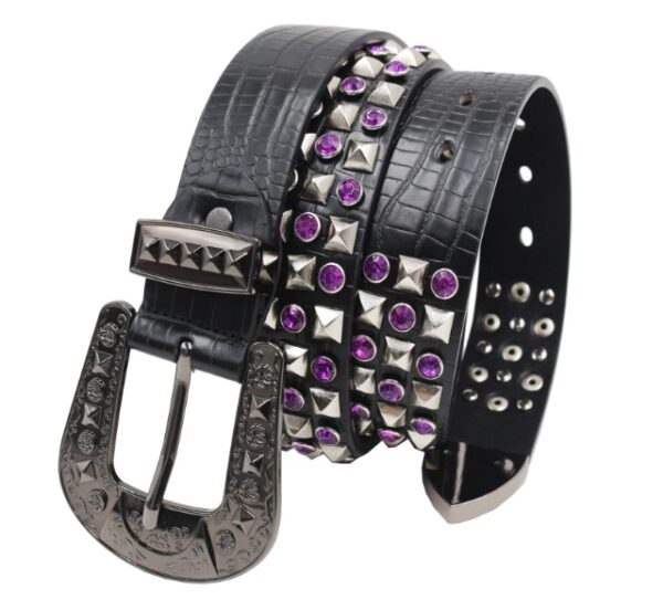 Y2K Gothic Punk Skull Studded Belt – Vintage Western Rhinestone Buckle Leather Belt with Cross & Fleur-de-Lis Metal Accents
