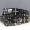 Y2K Gothic Punk Skull Studded Belt – Vintage Western Rhinestone Buckle Leather Belt with Cross & Fleur-de-Lis Metal Accents