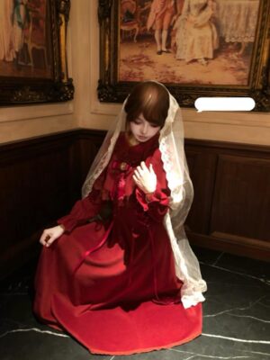 Vintage Crimson Red Mori Girl Long Dress with Lace Capelet – Original Classic Lolita Corset Waist Maxi Dress for Women