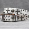 Y2K Gothic Punk Skull Studded Belt – Vintage Western Rhinestone Buckle Leather Belt with Cross & Fleur-de-Lis Metal Accents