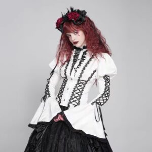 Gothic Victorian Renaissance Flare Bell Sleeve Blouse SHT142 - Dark Aristocrat Lace Ruffled Collar Button Down Shirt with Corset Lacing