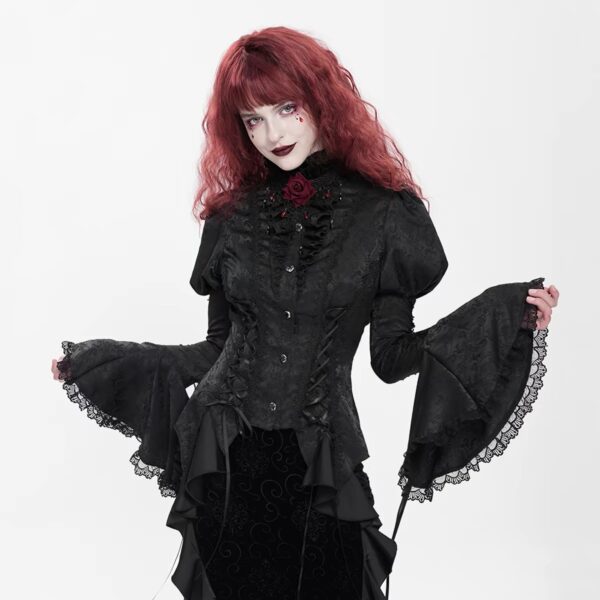 Gothic Victorian Renaissance Flare Bell Sleeve Blouse SHT142 - Dark Aristocrat Lace Ruffled Collar Button Down Shirt with Corset Lacing
