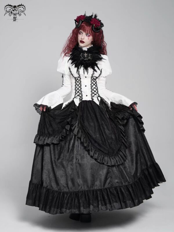 Gothic Victorian Renaissance Flare Bell Sleeve Blouse SHT142 - Dark Aristocrat Lace Ruffled Collar Button Down Shirt with Corset Lacing