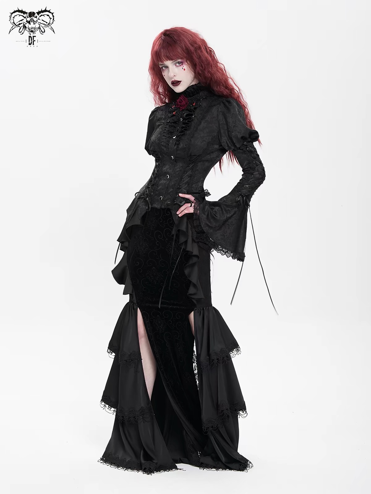 Gothic Victorian Renaissance Flare Bell Sleeve Blouse SHT142 - Dark Aristocrat Lace Ruffled Collar Button Down Shirt with Corset Lacing
