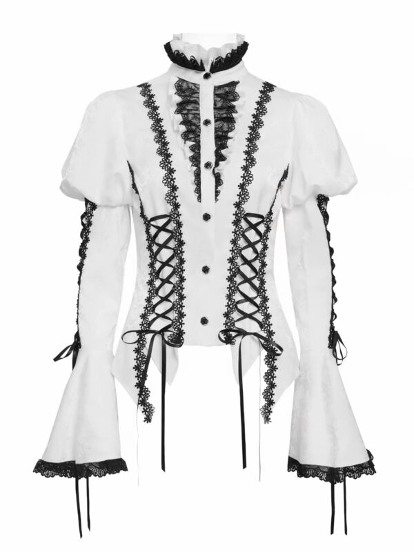 Gothic Victorian Renaissance Flare Bell Sleeve Blouse SHT142 - Dark Aristocrat Lace Ruffled Collar Button Down Shirt with Corset Lacing
