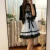 vintage gothic vintage inspired white lace cami mini dress set dark aesthetic bow cross empire waist dress with black short sleeve cardigan 2 piece set