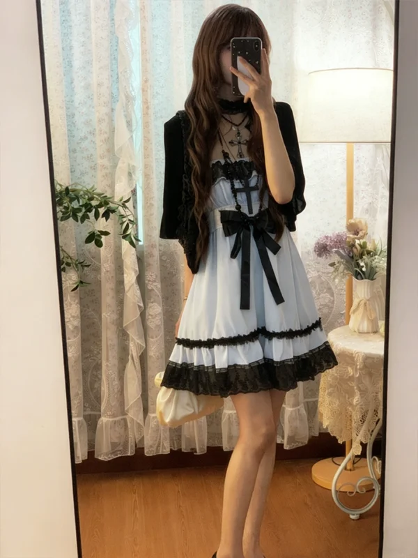 vintage gothic vintage inspired white lace cami mini dress set dark aesthetic bow cross empire waist dress with black short sleeve cardigan 2 piece set