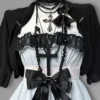 vintage gothic vintage inspired white lace cami mini dress set dark aesthetic bow cross empire waist dress with black short sleeve cardigan 2 piece set
