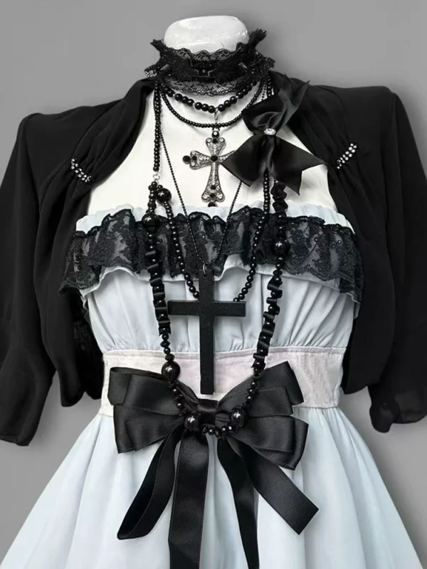 vintage gothic vintage inspired white lace cami mini dress set dark aesthetic bow cross empire waist dress with black short sleeve cardigan 2 piece set