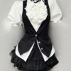 Japanese Preppy Vintage Puff Sleeve Ruffle Shirt, Tailored Vest & Lace Tiered Cake Skirt – Gothic Academic 3-Piece Summer Outfit Set