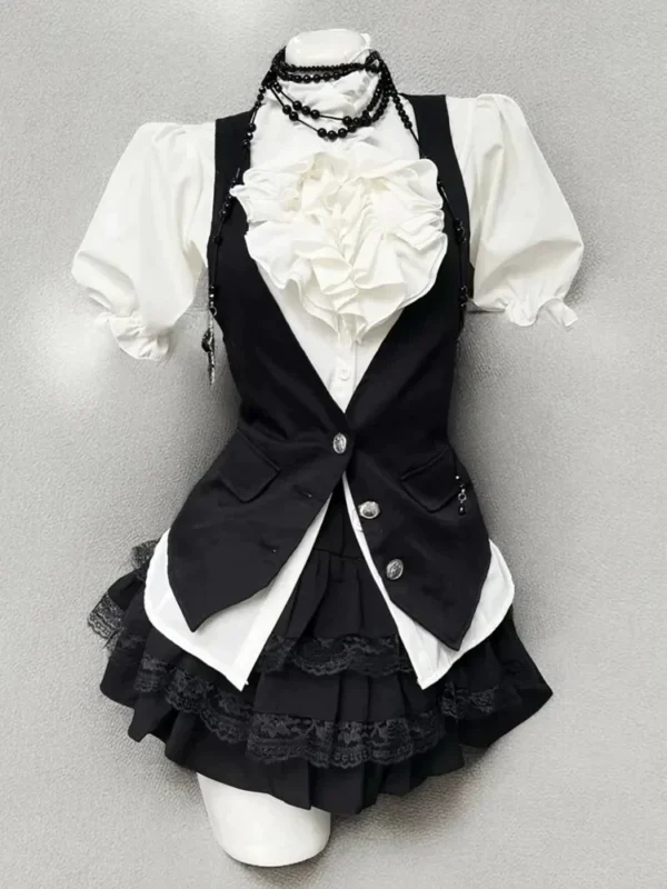 Japanese Preppy Vintage Puff Sleeve Ruffle Shirt, Tailored Vest & Lace Tiered Cake Skirt – Gothic Academic 3-Piece Summer Outfit Set