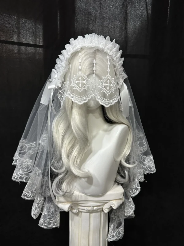 gothic lolita cross embroidered headband with veil dark aesthetic halloween headwear vampire bride lace hair accessories with secure inner clips