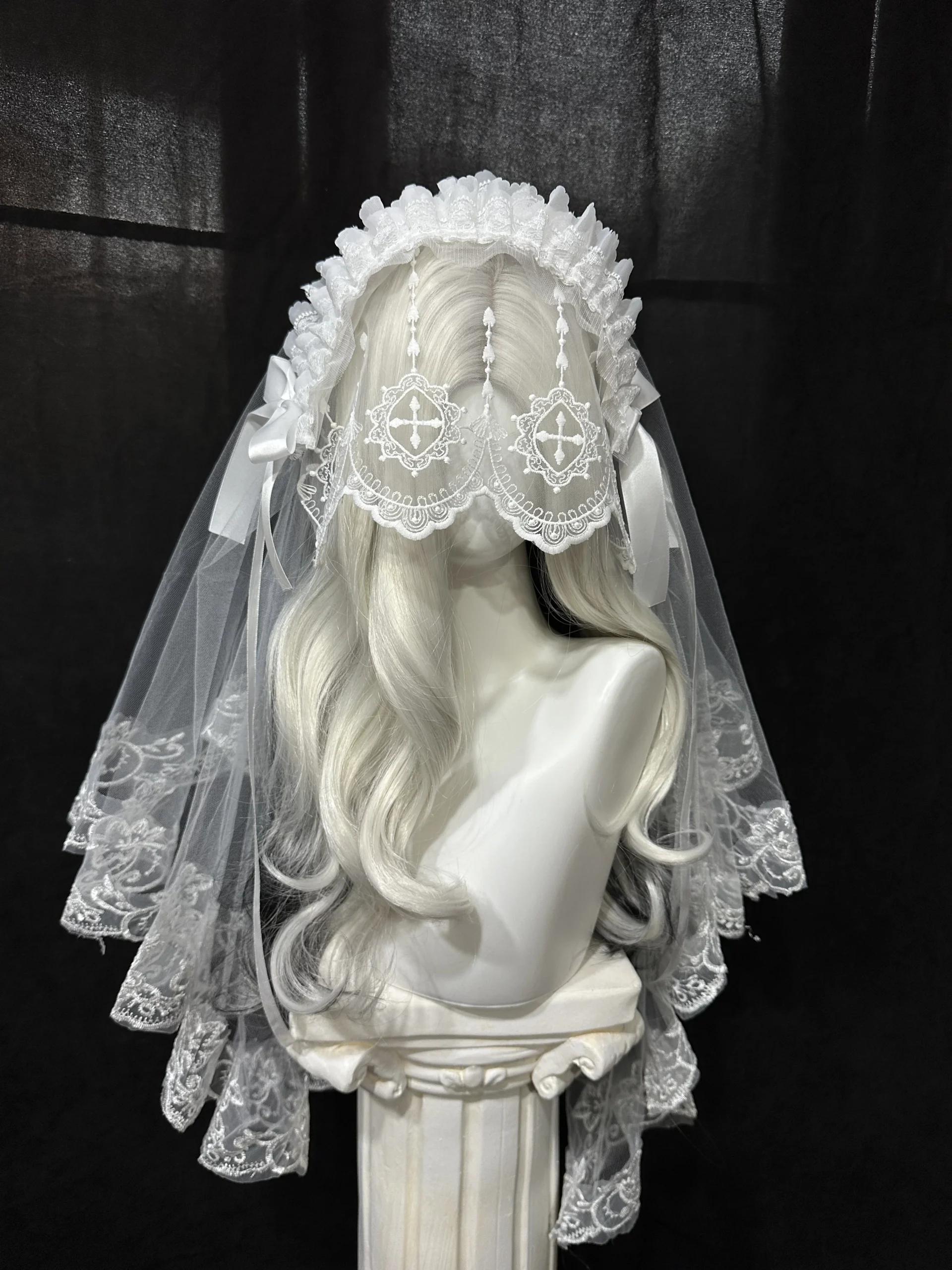 gothic lolita cross embroidered headband with veil dark aesthetic halloween headwear vampire bride lace hair accessories with secure inner clips