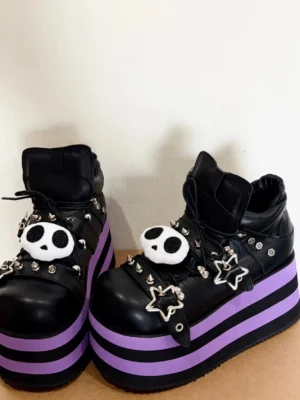 y2k gothic skull studded star platform ankle boots – women's black & purple striped sole chunky punk boots