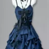 gothic vintage inspired cami mini dress set dark aesthetic bow cross ruched dress with lightweight sheer black sun protection cardigan 2 piece set