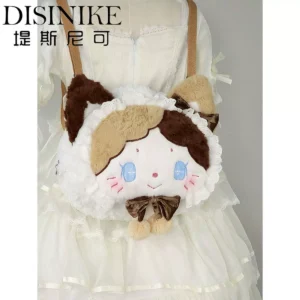 cute plush calico cat lolita backpack – women's faux fur crossbody bag & kawaii jk shoulder purse