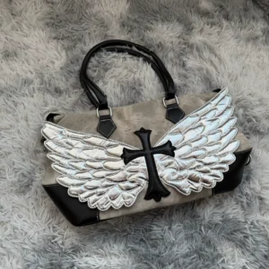 Y2K Gothic Angel Wings Cross Shoulder Bag – Vintage Subculture Metallic Patchwork Handbag & Crossbody Bag for Women